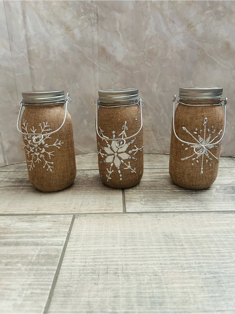Burlap Mason Jar Twinkle Lights 3pc Set White Snowflake Design